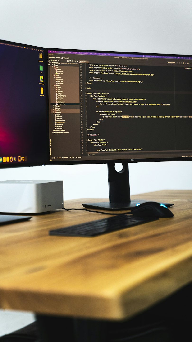 Dos monitores mostrando líneas de código sobre un escritorio de madera.